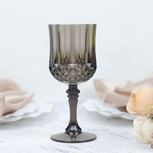 6-Pack Transparent Plastic Crystal Cut Wine Glasses 8oz, Black - Shatterproof Cocktail Goblets